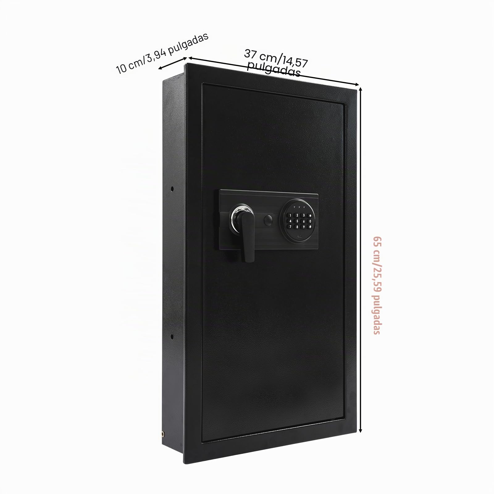 Caja fuerte de seguridad empotrable con código numérico y llave de emergencia, ojo de cerradura oculto para documentos y objetos de valor (37 x 10 x 65 cm)
