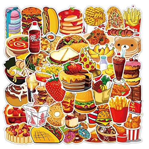 Food Stickers 50Pcs Cute Fast Food Sticker Chips Hamburger Stickers Yummy Aesthetic Waterproof Deals for Kids Teens Girls Vinyl Sticker for Laptop Hydro Flask Phone Skateboard Luggage