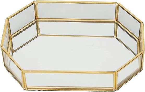 Octagonal Jewelry Storage Box | 3mm Thick Glass with Flannel Lining | Mini Display Tray for Necklaces/Desserts/Succulents | Gold Geometric Home Decor