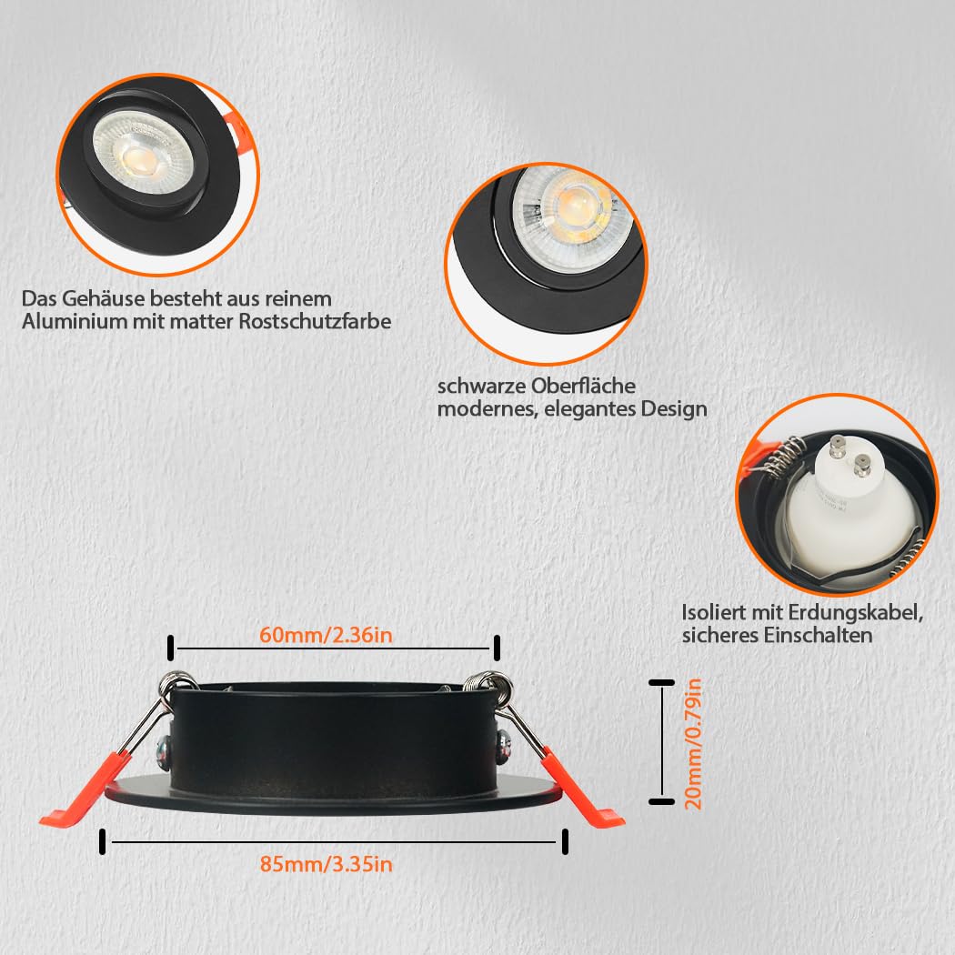 LED Einbaustrahler 230V Dimmbar 7W LED Spots 230V Verstellbarer Winkel,Farbtemperatureinstellbar Einbaustrahler LED mit GU10 Glühbirnen,IP44 Wasserdicht Deckenspots Schwarz für Küche,Bad,6er Set