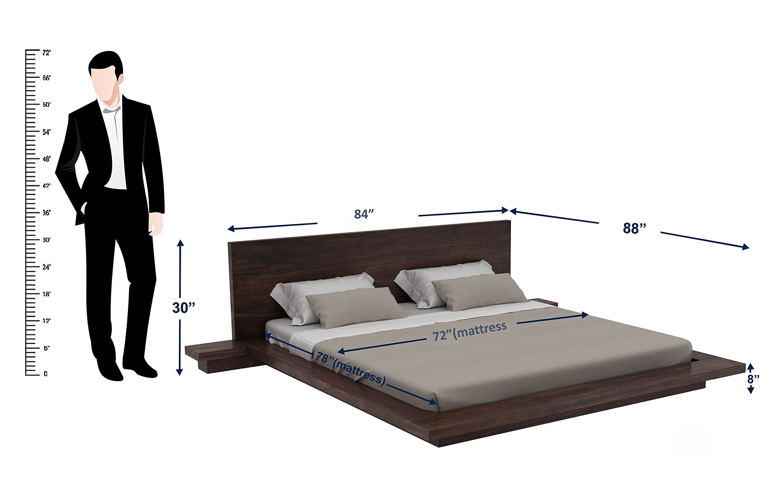 Ganpati Arts Sheesham Wood King Size Platform Bed with Bedside Table