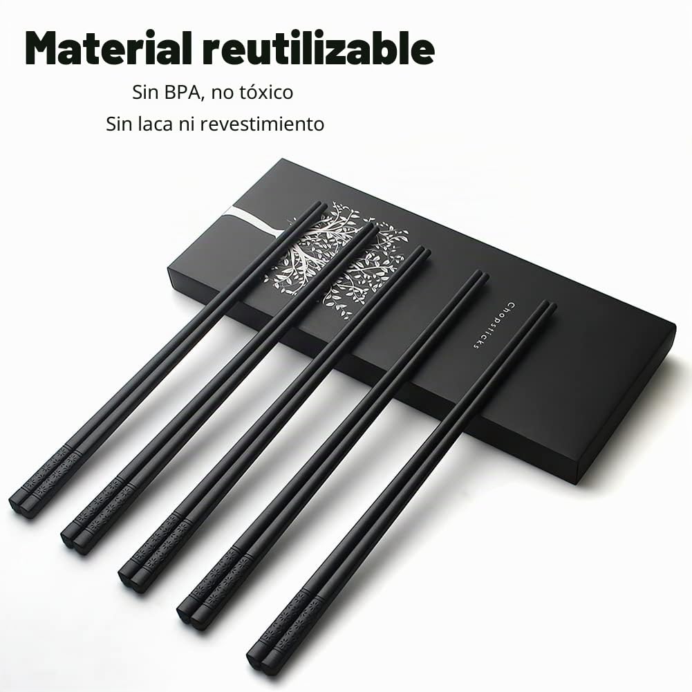 AOOSY - Varillas de fibra de vidrio (5 pares, lavables en lavavajillas, palillos japoneses de aleación reutilizables, palillos negros Sushi negro Varillas antideslizantes negras