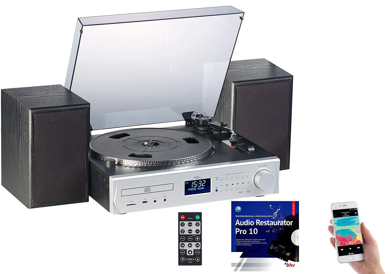 auvisio Musikanlage: Plattenspieler/Digitalisierer, DAB+, CD, Bluetooth, MC, USB, MP3, 80 W (Kompaktanlage mit Plattenspieler, Stereoanlage mit Plattenspieler, 5in1)