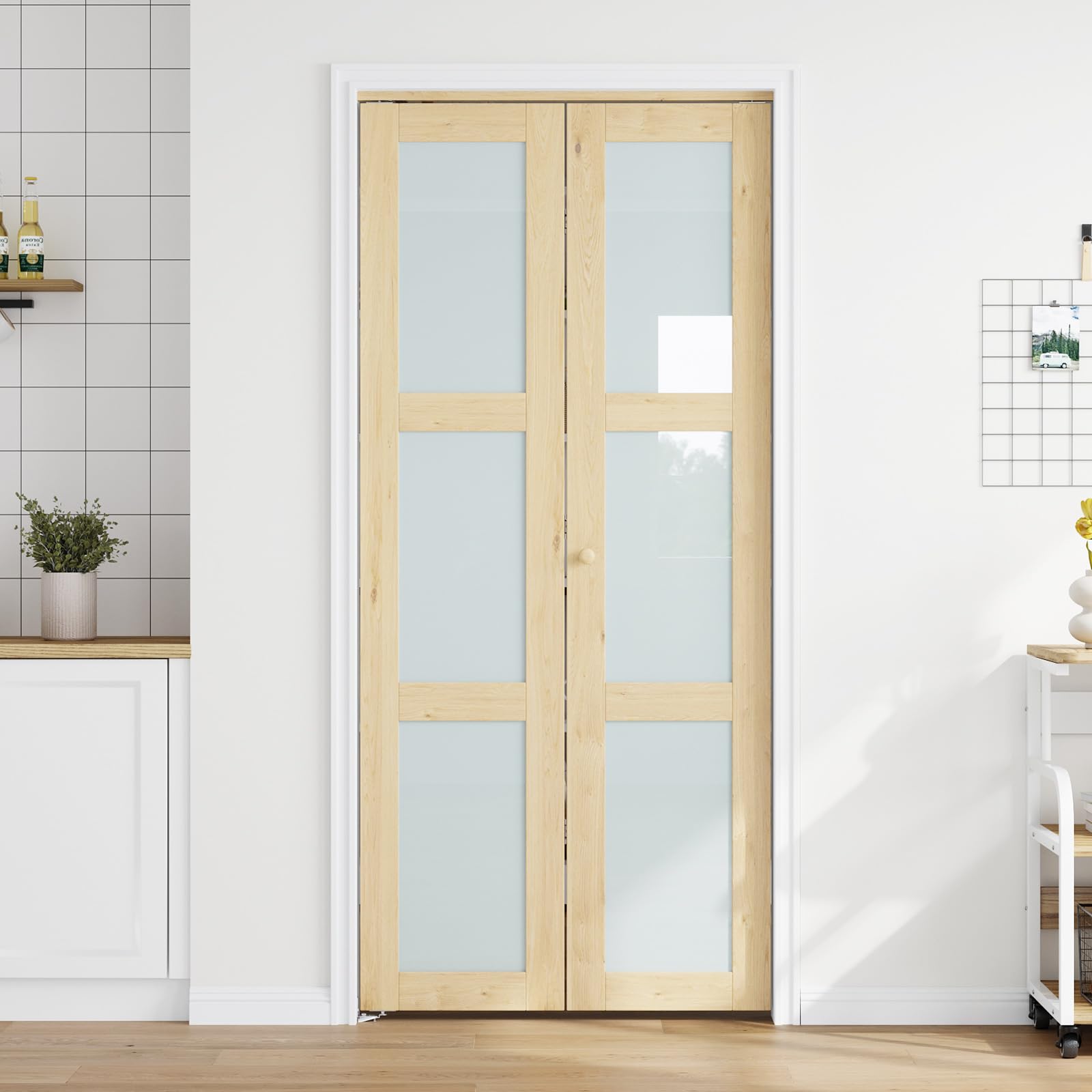 Roymelo Bifold Doors for 30"×80" Opening, Clear Glass French Interior Folding Barn Door with Concealed Hardware Kit Included, Spruce Wood Support DIY Dyeing, Preassembled Door, Save Space