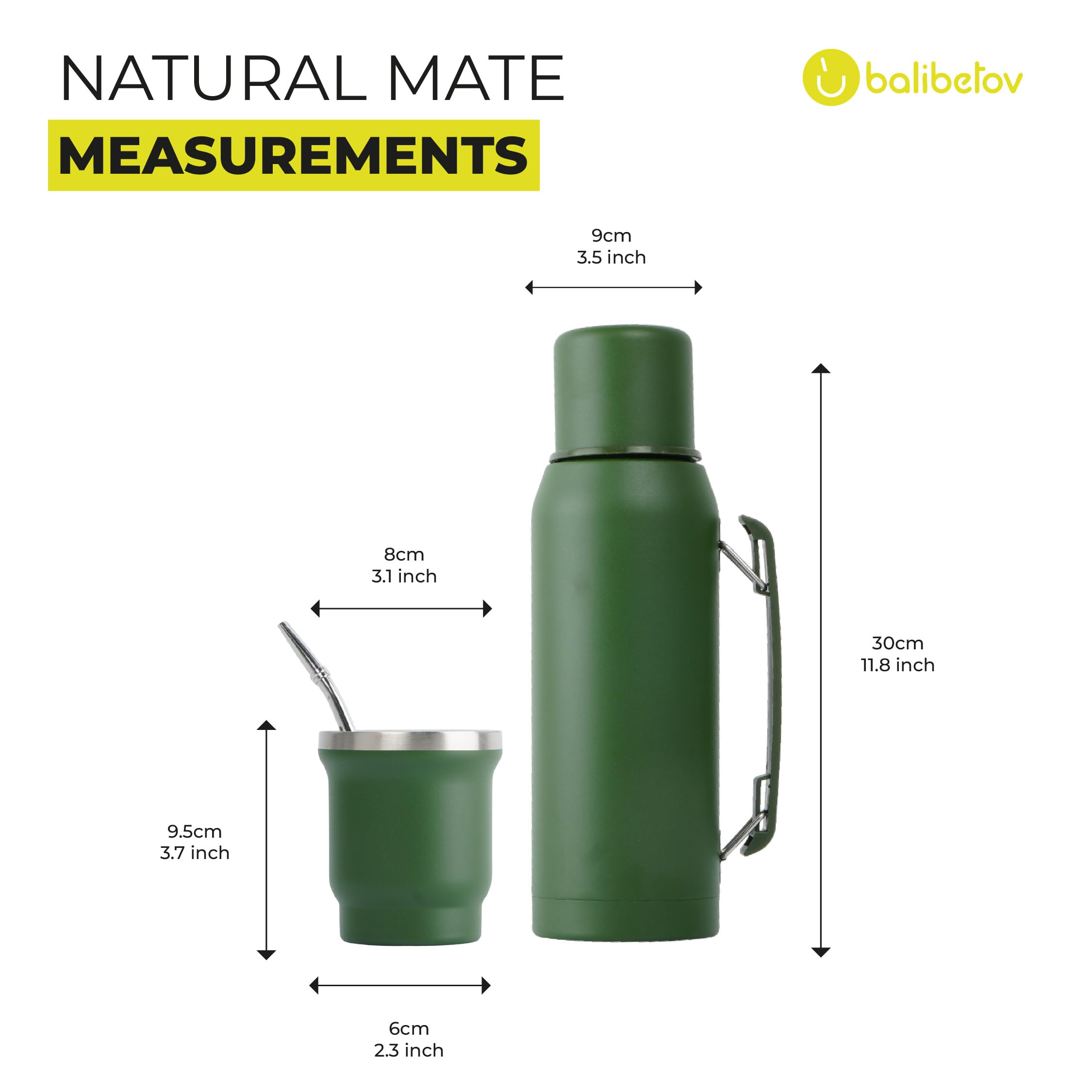 BALIBETOV Kompletny zestaw Yerba Mate – nowoczesna tykwa Mate (266 ml), butelka termiczna z 2 wylewkami (999 ml), 2 słomki Bombilla - zestaw jakości premium, zielona