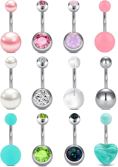FECTAS Belly Bar Belly Button Bars 14G 10mm Navel Bars Set Stainless Steel Belly Navel Piercing Jewellery Silver Pink Blue Black