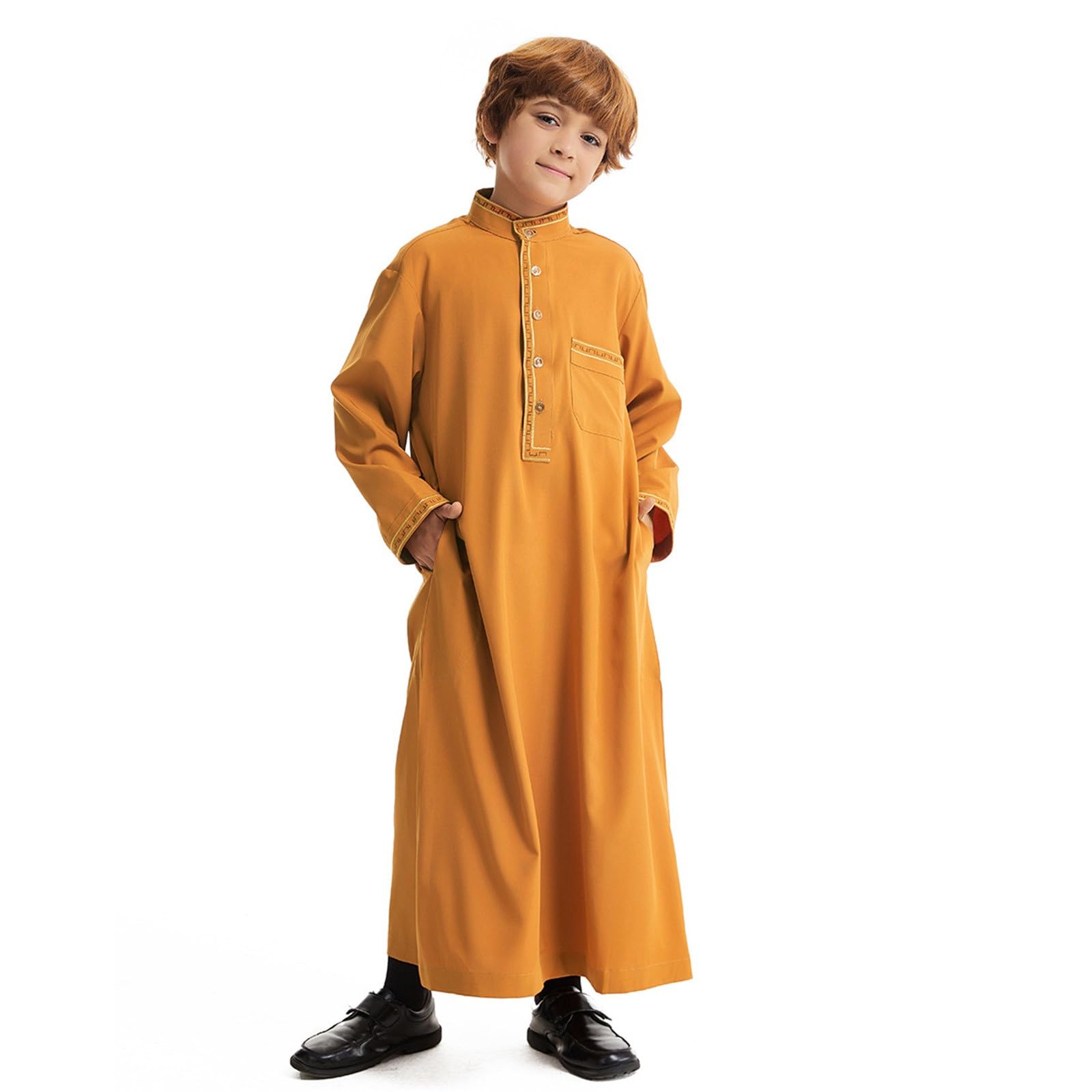 Eid ubrania dla chłopców biała Thobe muzułmańska szata z długim rękawem zapinana na guziki chłopcy Jubba z kieszeniami kaftan haftowana odzież narodowa Abaya dla dzieci na prezenty Eid i piątkowe