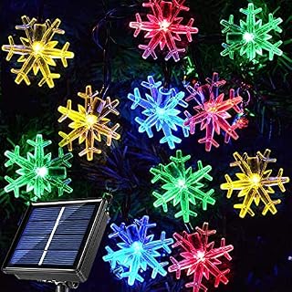 Abkshine 15M 100 led Solar Snowflake String Lights, Outdoor Christmas Lights, Multi-colour Snowflake Ornaments Decorations for Outside Xmas Tree Patio Window Garland Pathway Fence Holiday Decorations