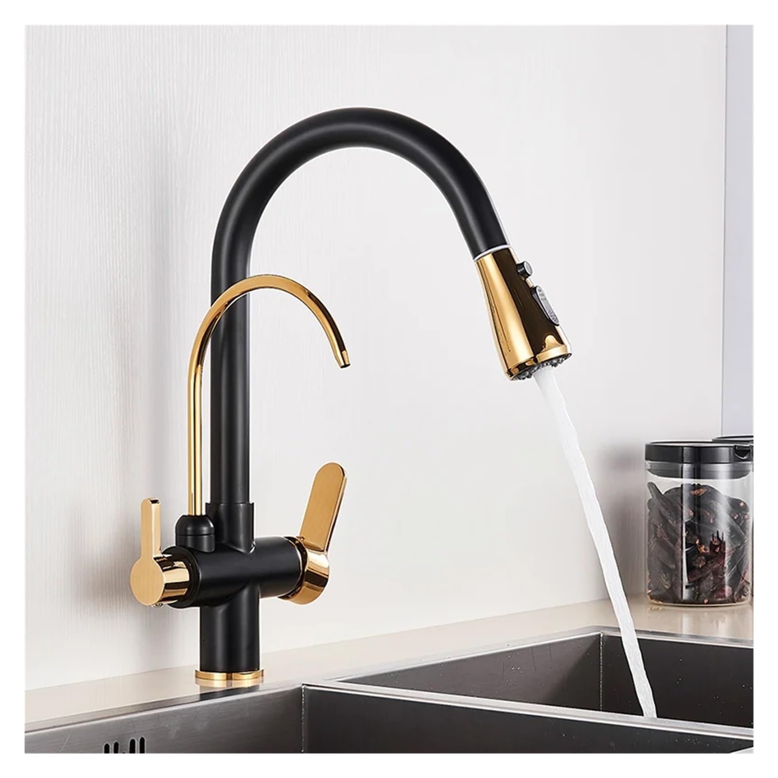 Robinet de filtre à eau de cuisine à deux poignées et mitigeur pivotant 360