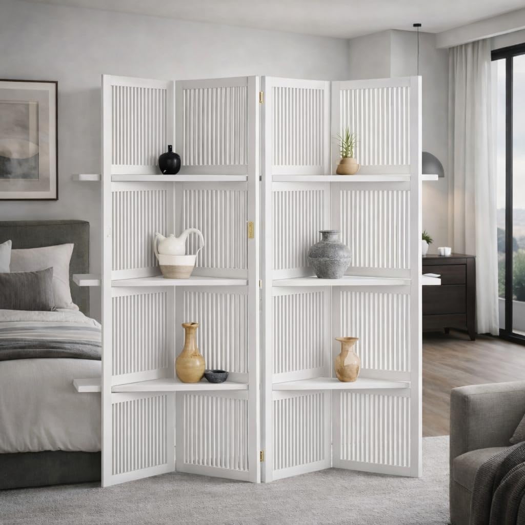 Wooden Partition Divider for Living Room, Partition Wall, Privacy Divider, Freestanding Folding Panels (6 feet 4 Panel with Shelve) (6 Feet 4 Panel with 3 Shelve)-image-42
