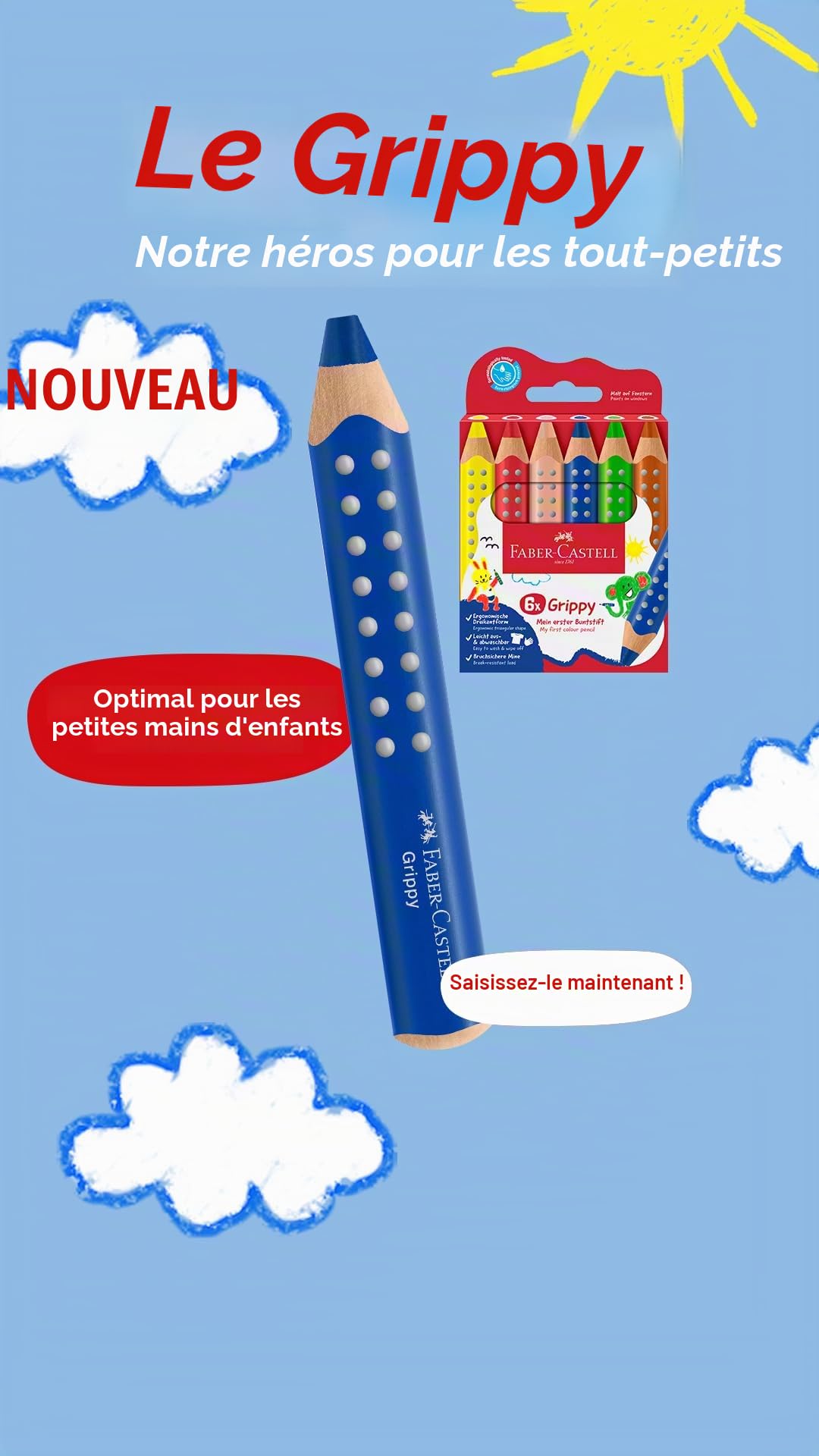Faber-Castell 110636 Set Grippy, 10 Gros Crayons de Couleurs Enfants, Kit Dessin Facile à Laver, Crayon de Couleurs de Forme Triangulaire Ergonomique et Épaisseur de 10mm, Taille Crayon Inclu