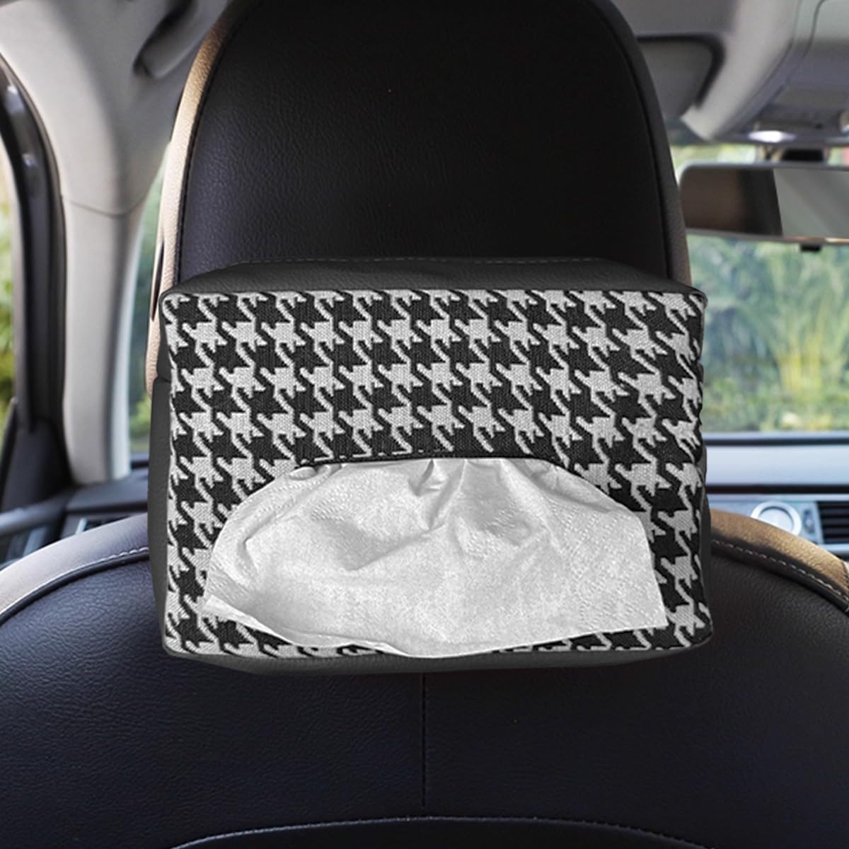 Universal Car Tissue Holder, Premium Leather Auto Headrest Napkin Organizer, Vehicle Backseat Hanging Tissue Box, Car Interior Storage Accessories for SUV Truck Sedan (Blackwhite)