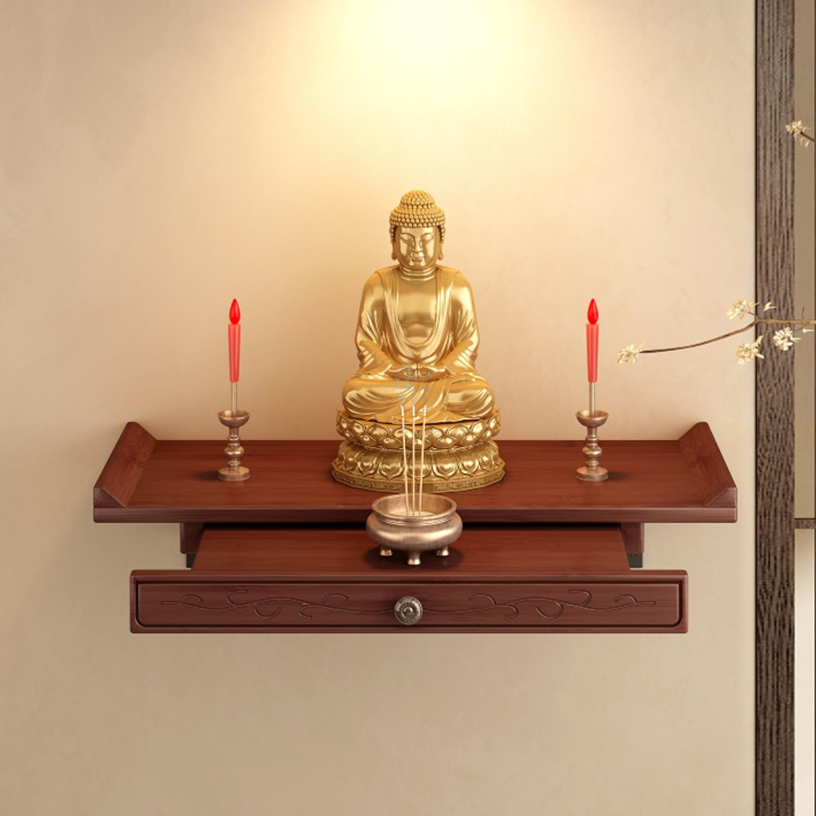 NHPJFDC Wall Mounted Buddha Niche Buddha Altar,Household Solid Wood Wall Cabinet Buddha Cabinet Niche with Drawer,Meditation Altar Table,Wall Mounted Offering Tables,Wooden Buddhist Altars