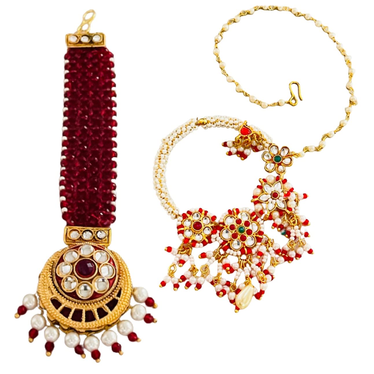 THE OPAL FACTORY TOF Gold Plated Combo Jewellery of Traditional Rajasthani Adjustable Floral Nathiya with Pearls Chain and Maang Tikka in Kundan, Meenakari and Multicolour for Women and Girls (Red) (B09DLBPPWD) Amazon Price History, Amazon Price Tracker