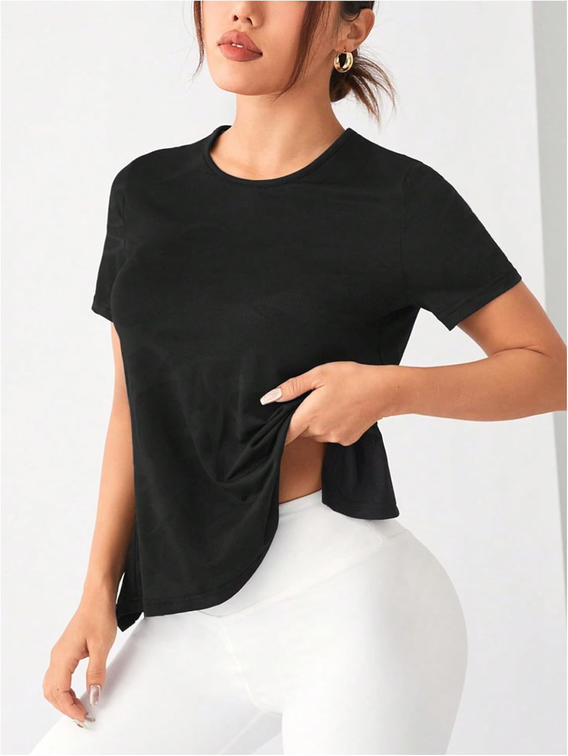 OYOANGLE Women's Camo Workout Gym Shirts Open Back Crew Neck Short Sleeve Loose Sports Athletic T Shirt - Image 3
