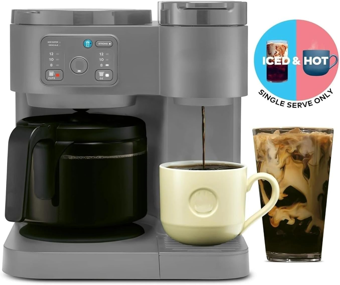K-Duo Essentials Coffee Maker for Hot and Iced Drinks, Single Serve KCup Pod Brewer and 12 Cup Carafe Drip Coffee Pot, 72 oz Water Reservoir, Perfect for Home & Office (Gray)