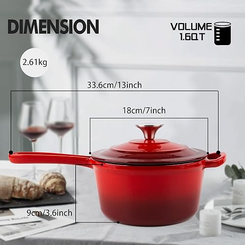 Miniatura 7 de Sartén de hierro fundido esmaltado, olla redonda de 1.6 cuartos de galón con tapa, cacerola esmaltada para horno holandés mínimo para cocinar salsa