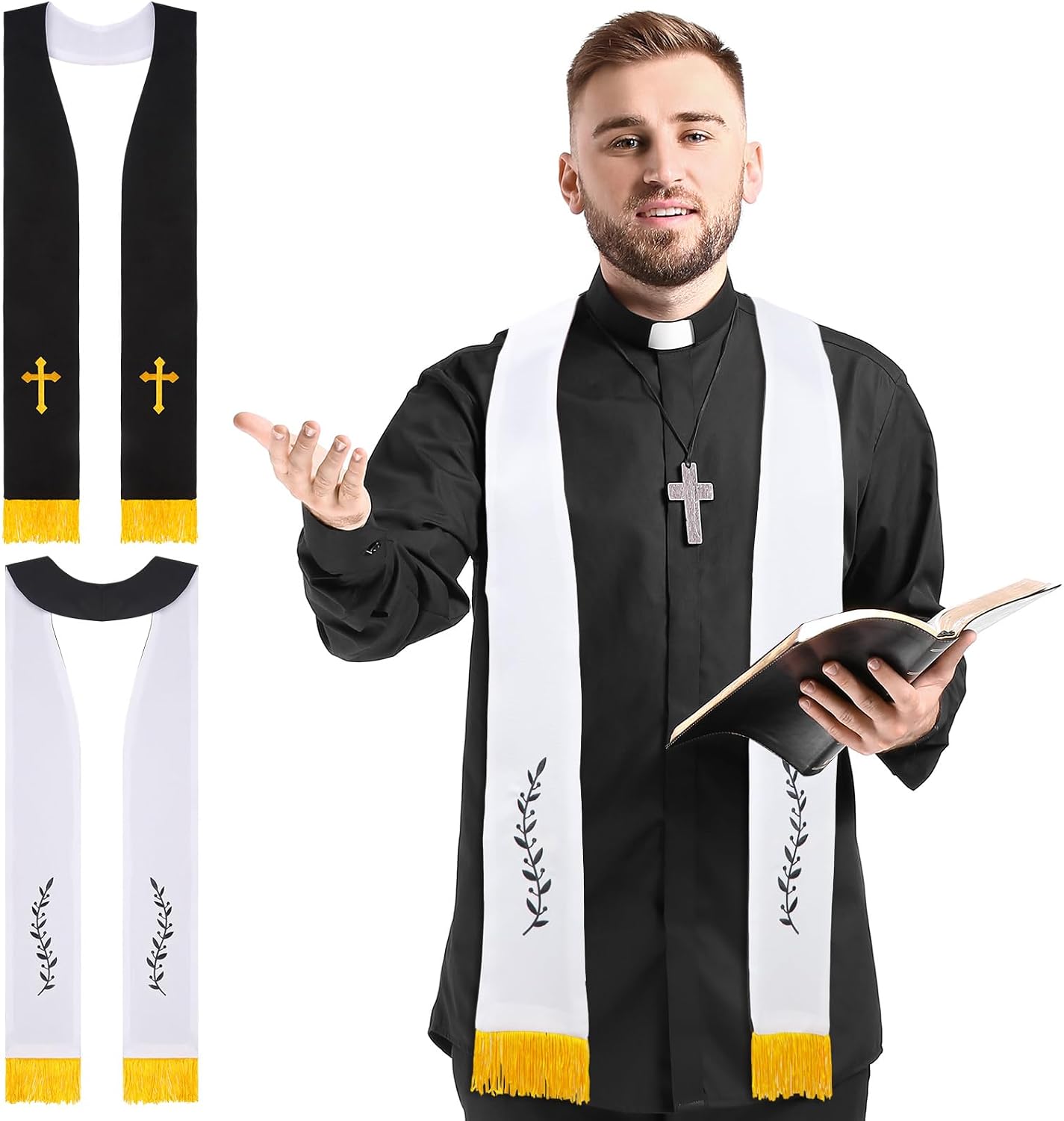 Panitay Embroidered Wedding Reversible Stole with Tassels Clergy Mass Stole with Cross Wedding Pastor Shawl