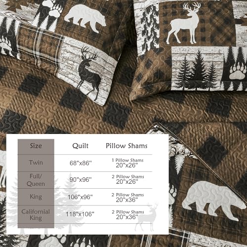 3 Piece Cabin King Size Quilt Sets Farmhouse Rustic Reversible Microfiber Soft Lightweight Bedspread Comforter with 2 Shams Patchwork Country Lodge Bedding Quilts Set for All Season, 106\'\'x96\'\', Brown