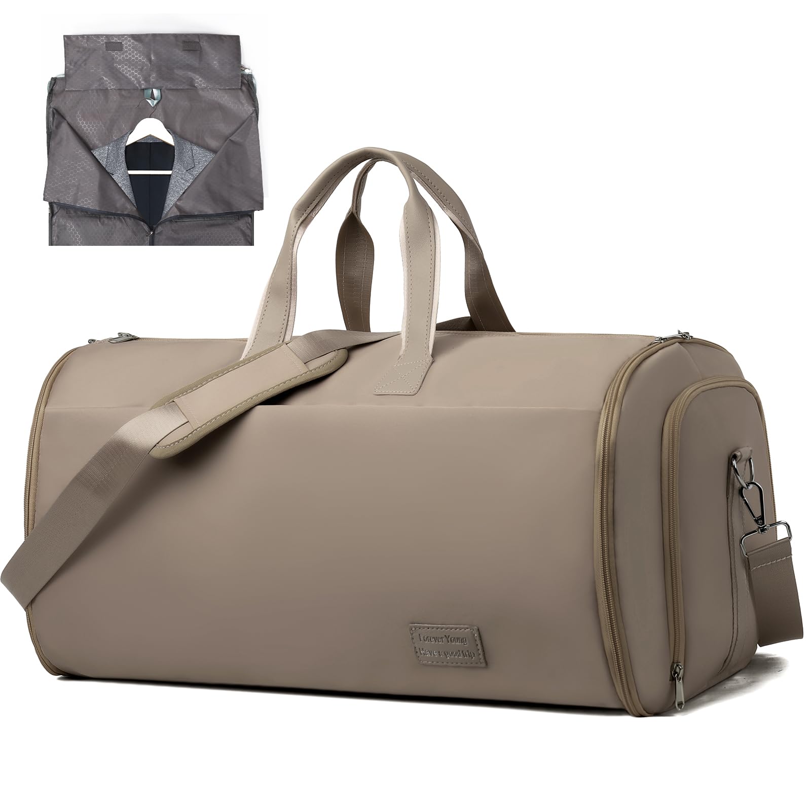 47L Borsa da Viaggio Pieghevole Uomo Donna, Borsa Porta Abiti Grande con Scomparto per Scarpe, Borse Sportivo Multitasche con Tracolla per Fine Settimana, Cachi