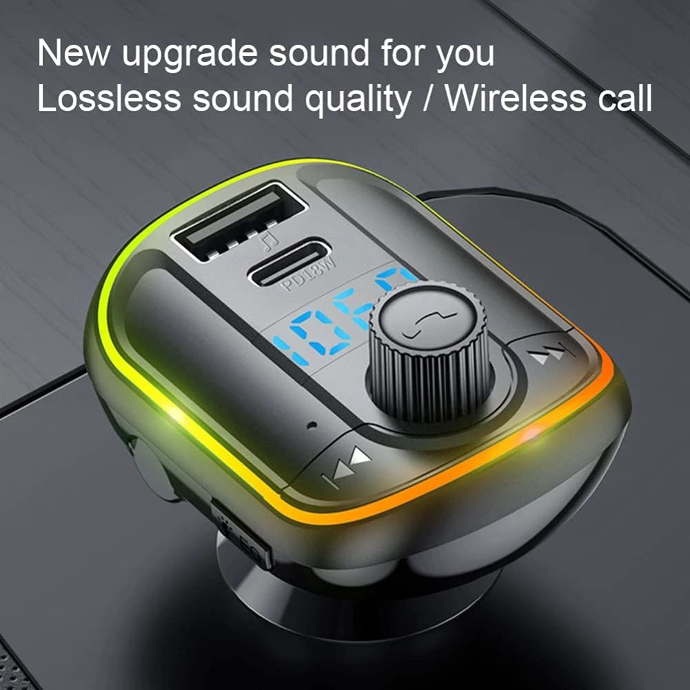 Bluetooth FM Transmitter, Wireless Radio Adapter Hands-Free Car Kit with PD 3.0 USB C Fast Charger, Color Light Support U Disk/TF Card