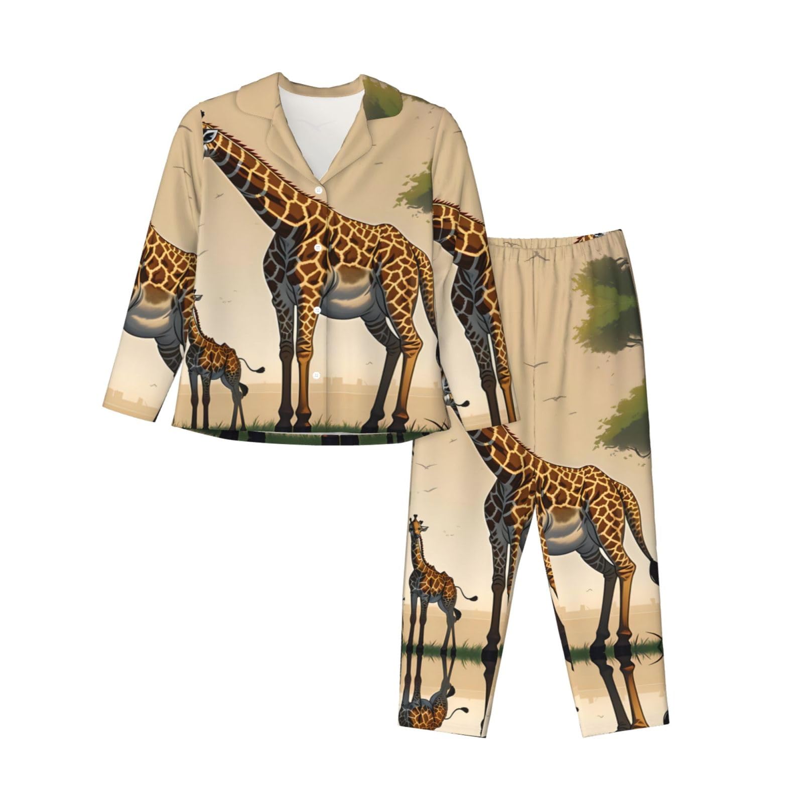 Pigiama da donna con stampa giraffa madre e bambino a maniche lunghe - Morbido e caldo abbigliamento da casa autunno/inverno -
