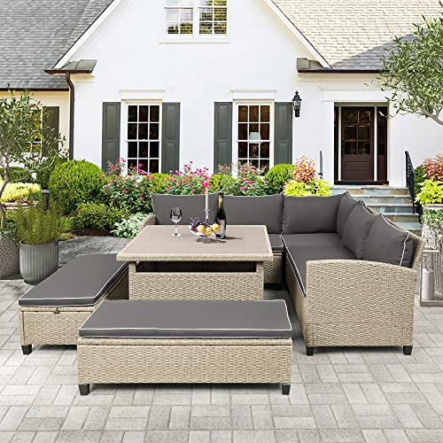 Biadnbz Outdoor Wicker Sectional Sofa Dining Table, All-Weather Conversation Couch For Backyard, Garden, Poolside, 6-Piece Patio Furniture Set With Two Bench, Brown Rattan+Gray Cushion #TOP1