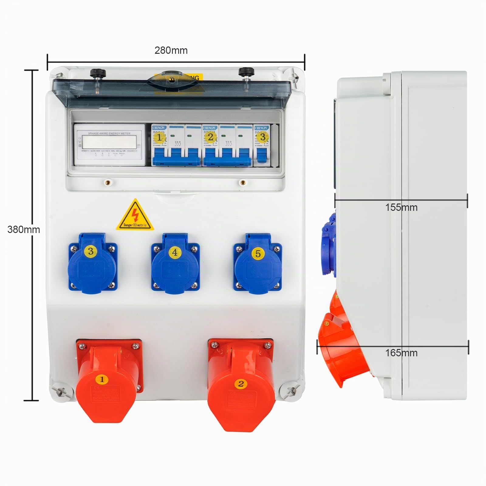 Baustromverteiler,IP65 Wasserdicht Stromverteiler mit Leitungsschutzschalter und Stromzähler,Wandverteiler mit IP54 230V/16A Schuko Steckdose und 380V/16A CEE Steckdose,Ramped Socket Box