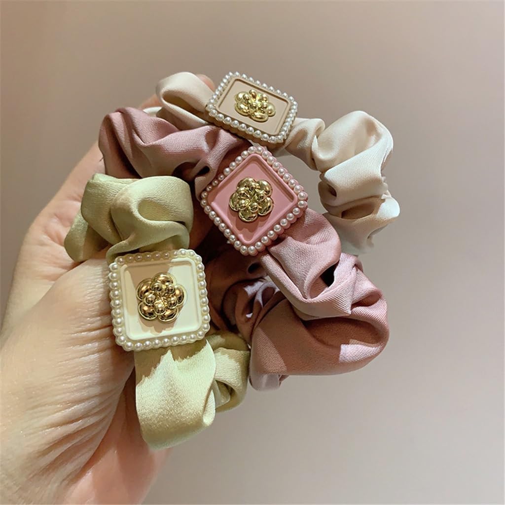 Retro Hair Ornaments Square Board Pearl Camellia Decoration Tied Skin Band Rope