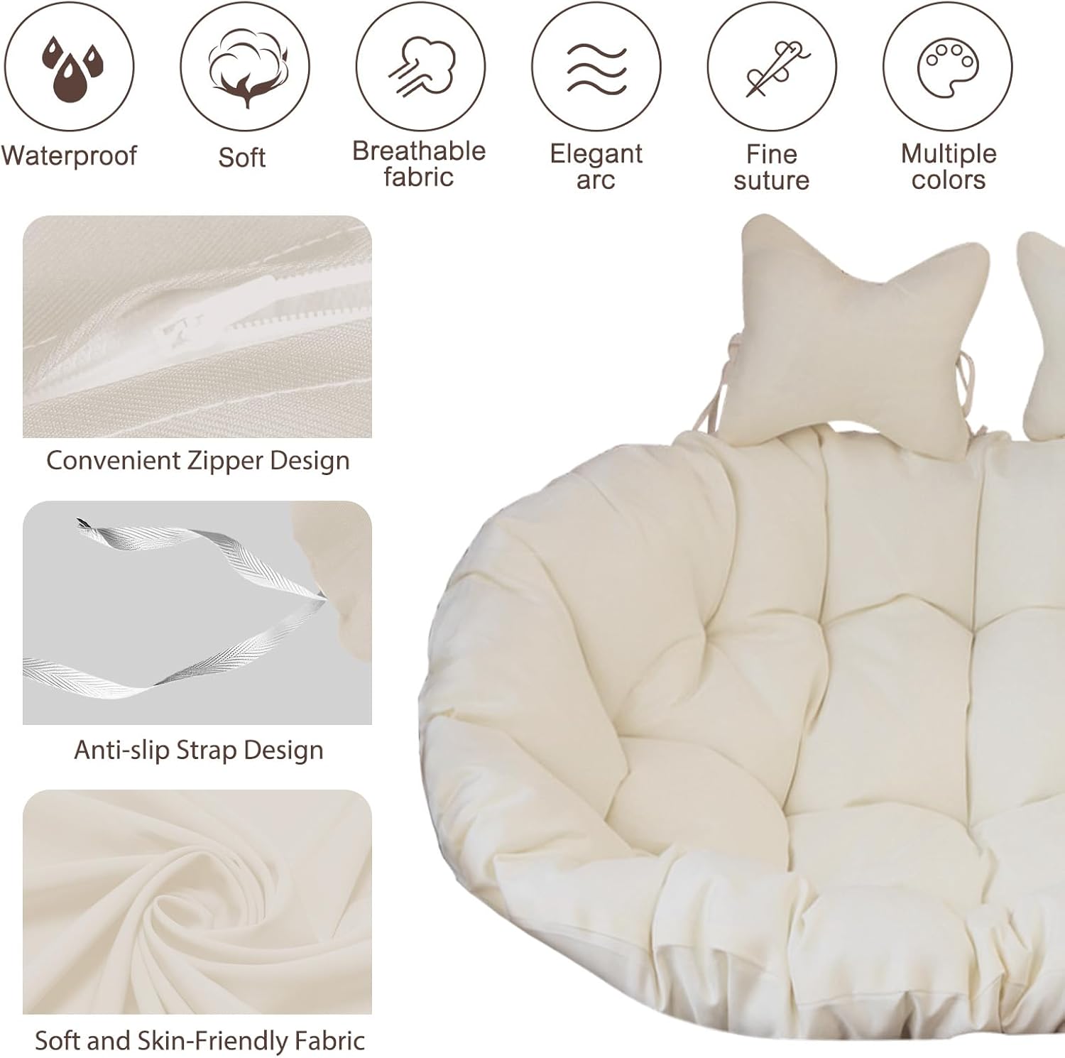 Boshen Double Egg Chair Cushion Replacement 59x43in –2 Seater Premium Outdoor Swing Chair Pad with Ties, 6.3Inch Thickened Memory Foam & Waterproof Cover – Off-White 5 61HFJ9uVjcL. AC SL1500