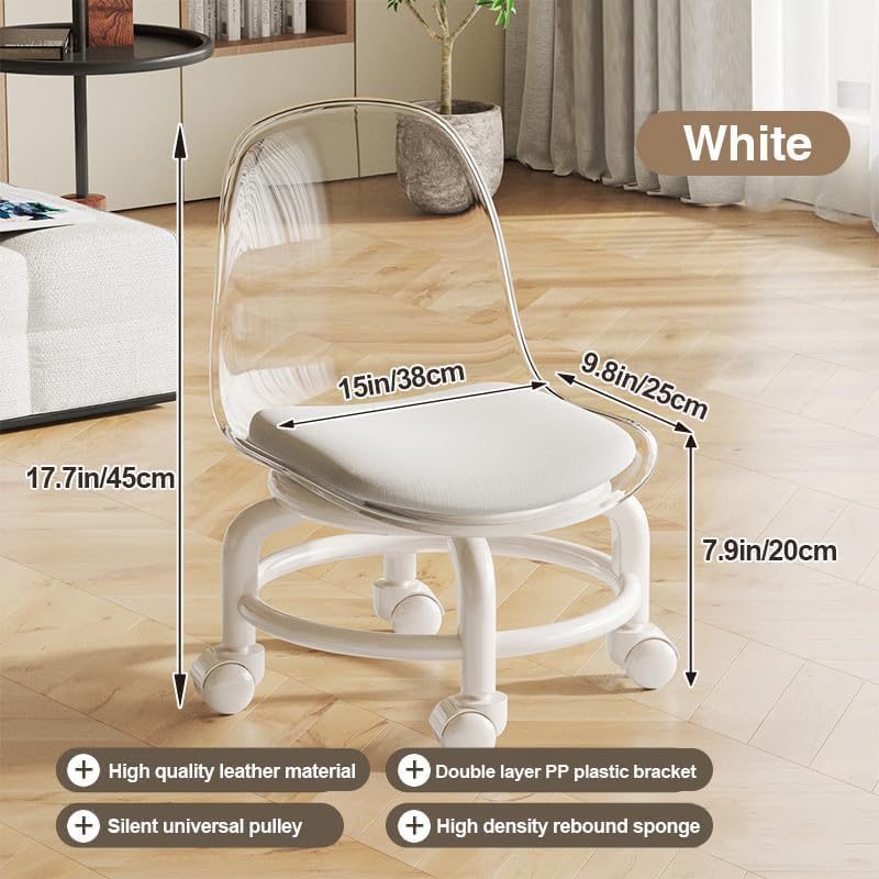 Rolling Stool with Backrest, Mini Shoe Stools, Portable Multi-Purpose Wheeled Stool with Comfortable Foam Cushion, 360° Rotating Wheels for Home, Office, Salon & Garage - Transparent