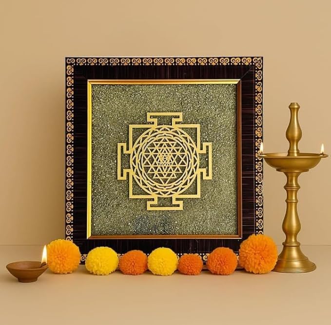 Shree Yantra on Raw Pyrite Frame | Shri Yantra Vastu Wall Frame | Pyrite Stone Original Certified Attracts Money & Abundance | Removes Financial Blocks & Boosts Prosperity | 19x19x1 cm | 1 Piece-image-43