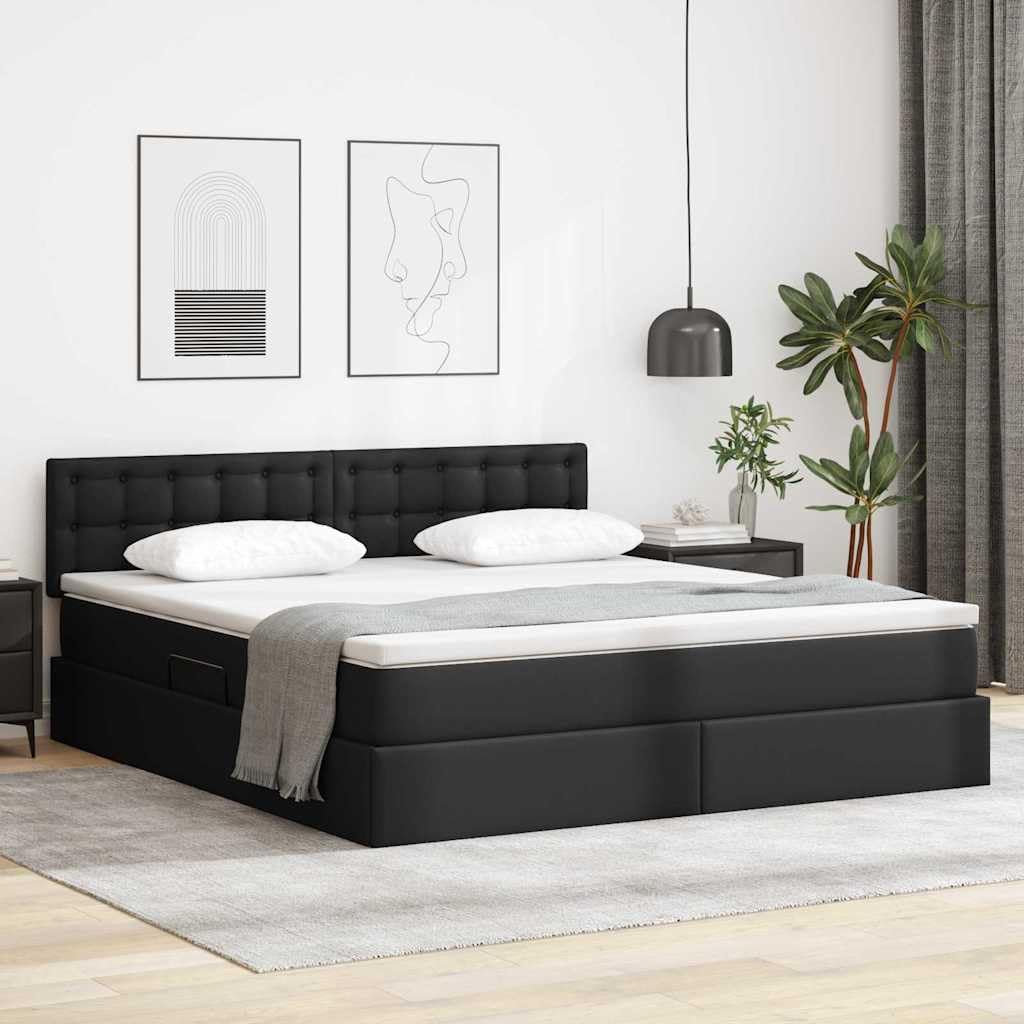Łóżko z pojemnikiem i materacem z ekoskóry nowoczesne z LED czarny 180x200