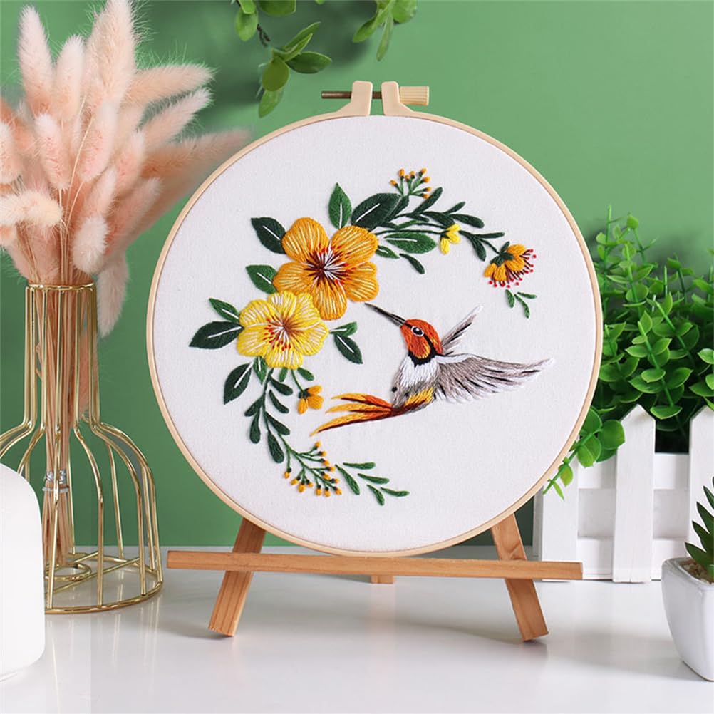 Meecaa Yellow Flower Hummingbird Bird Embroidery Kit Starter Set, Hand Embroidery Set,Pattern Printed Cross Stitch Set For Beginner Adults, With Embroidery Hoop And Instructions (Yellow)