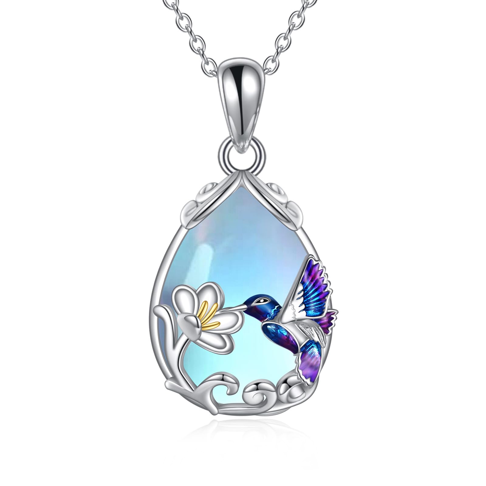 CHENGHONG Colibrì Collana in argento Sterling 925 con ciondolo a forma di margherita, con pietra di luna, uccellino, idea regalo per donne e ragazze, Argento sterling, pietra di luna