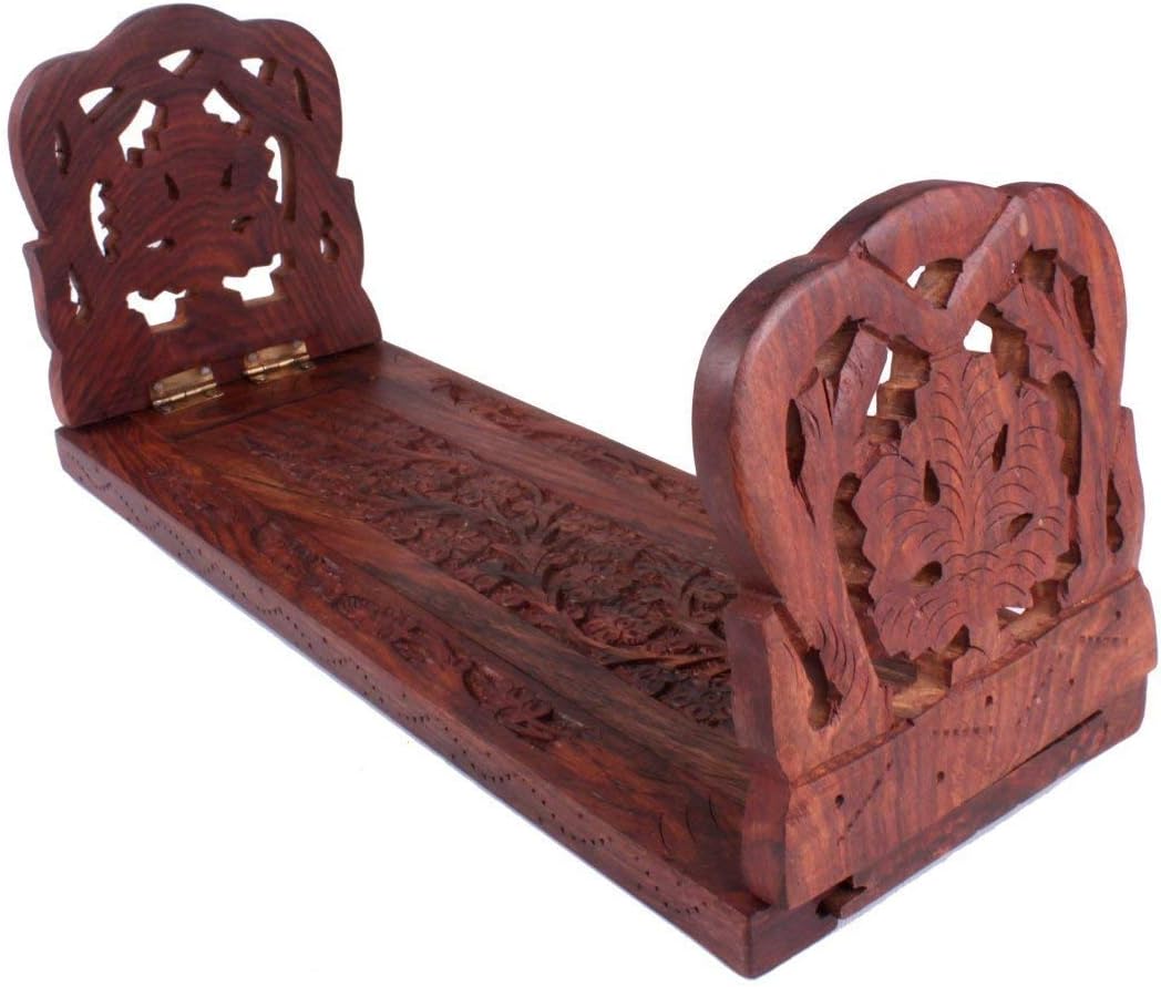 Indian Arts The Wooden Decorative Book Stand Rack Holder Shelf Folding Expandable Book End with Intricate Floral Hand Carvings