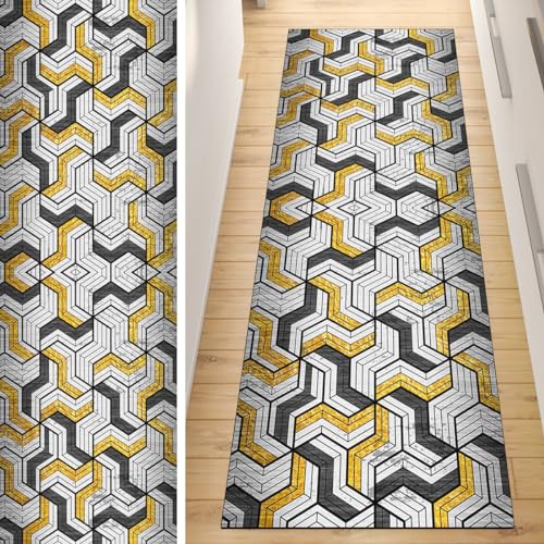 Alfombra pasillo gris y dorada antideslizante lavable de 90x280 cm 2