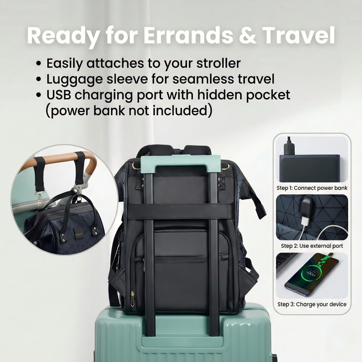 Diaper Bag Backpack, Unisex PU Leather, Very Dark Navy Blue, 16 Pockets, Insulated 3-Bottle Front, Removable Divider, Rear Zip Access, Wipes Dispenser, Stroller Straps, Luggage Sleeve