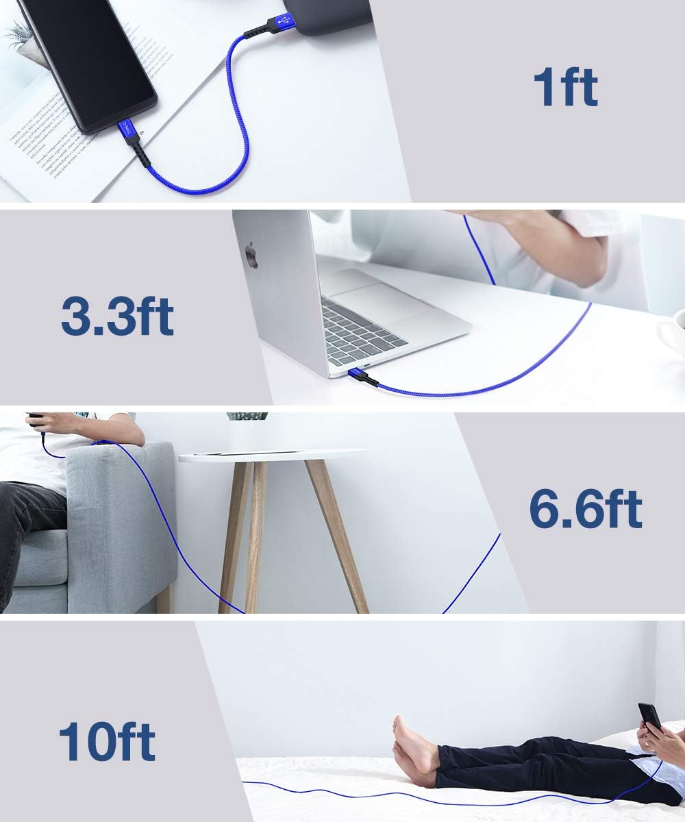 JSAUX USB C Cable, 4-Pack [10ft+6.6ft+3.3ft+3.3ft] USB-A to Type-C 3A Fast Charging Cord Compatible with Samsung Galaxy S22 S21 S20 S10 S9 S8 Plus Note 20 A53 A52 Google Pixel 6 Switch Xbox PS5 Blue