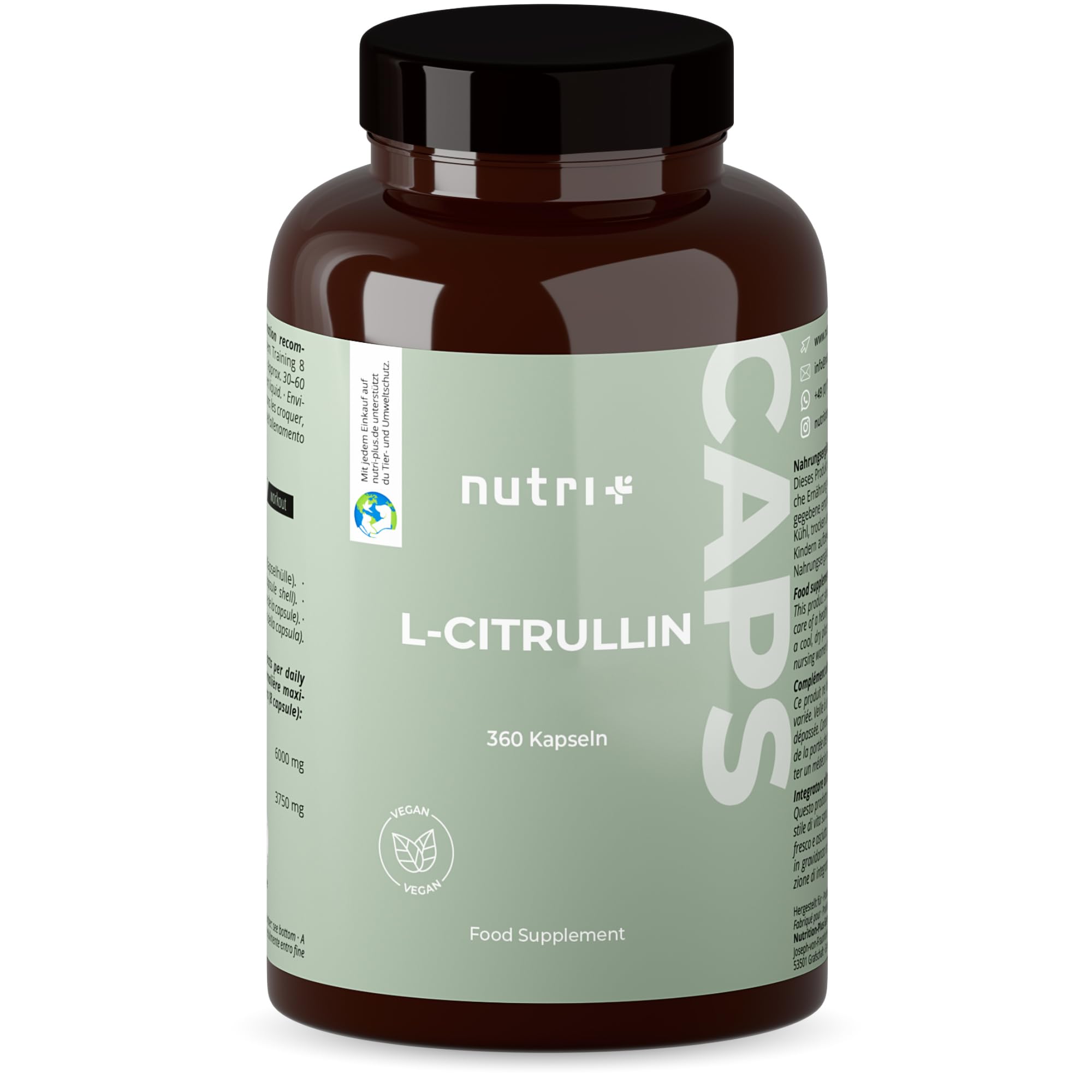 Nutri + Citrulline gelule 6000-360 Capsules vegan + hautement dosé - L-Citrulline malate gelules DL 2.1 végétalien - Qualité Premium sans additifs