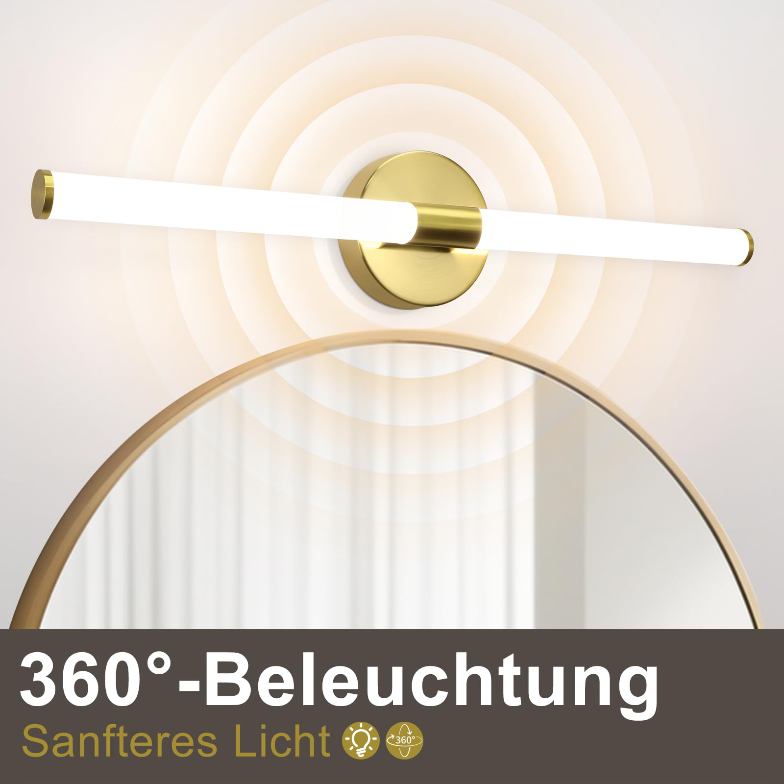Homefire LED Spiegelleuchte Bad 60CM - Spiegellampe Badezimmer Gold Badleuchte Wand 8W Wasserdicht IP44 Wandlampe Modern Neutralweiß 4000K Wandleuchte für Badschrank Küche Flur