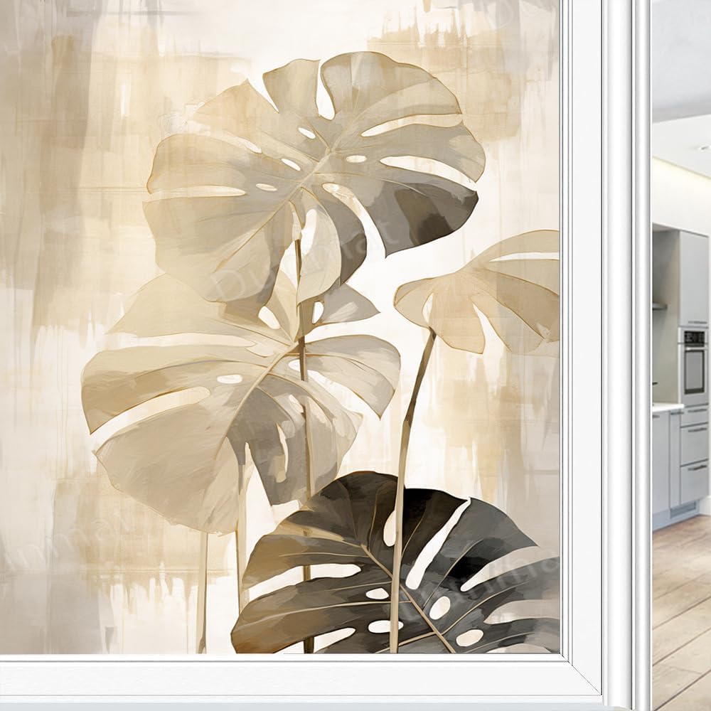 Tropical Beige Leaf Window Film Peel and Stick, Sun Blocking & Heat Control, Modern Watercolor Plant Decortive Frosted Privacy Glass Film 35.4Wx63L inch, Style-1