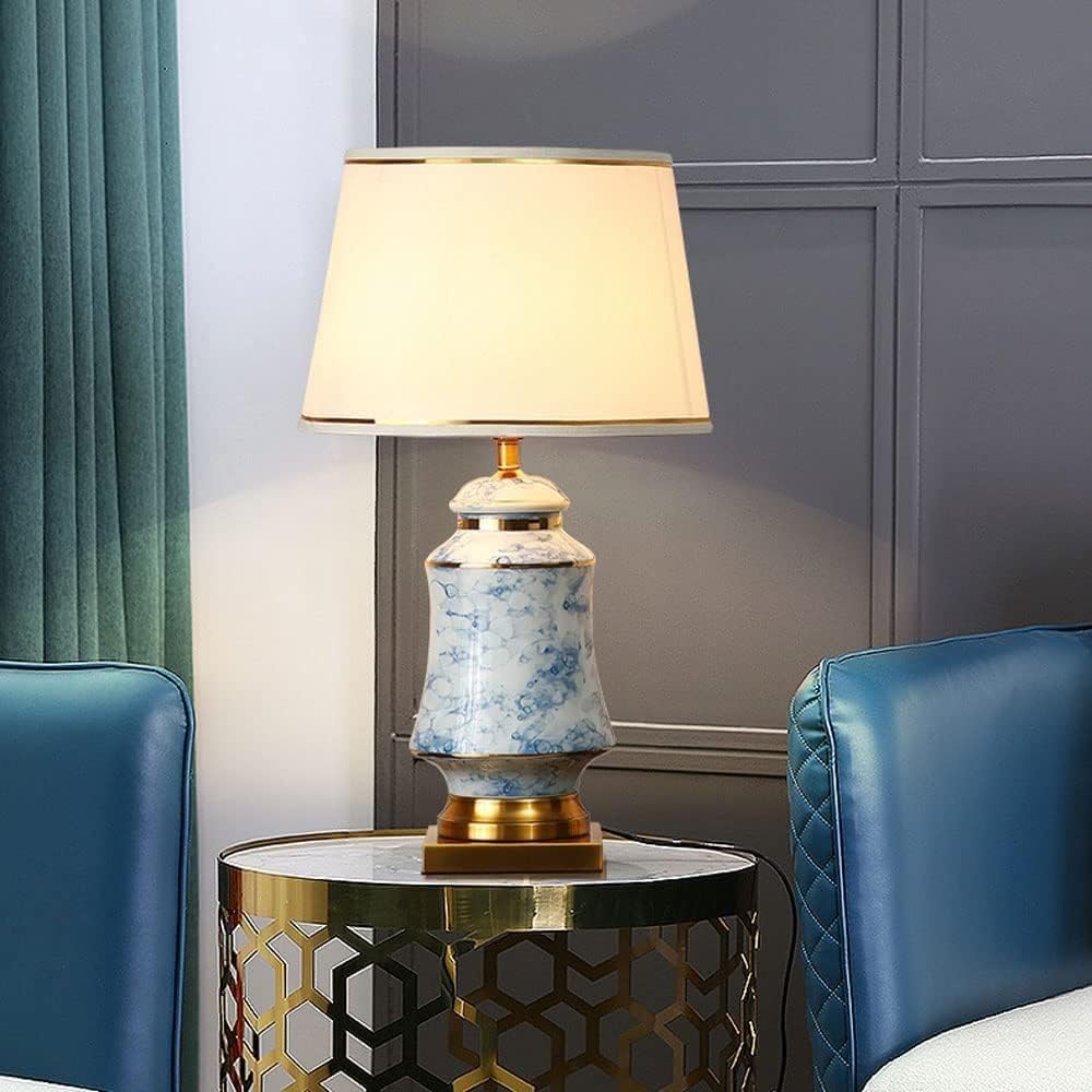 66CM Nowoczesna chińska duża porcelanowa lampa stołowa Tradycyjny beczkowaty abażur z tkaniny Lampa biurkowa Domowa dekoracyjna nocna lampka nocna z metalową podstawą Bar Hotelowa lampa na biurko (A)