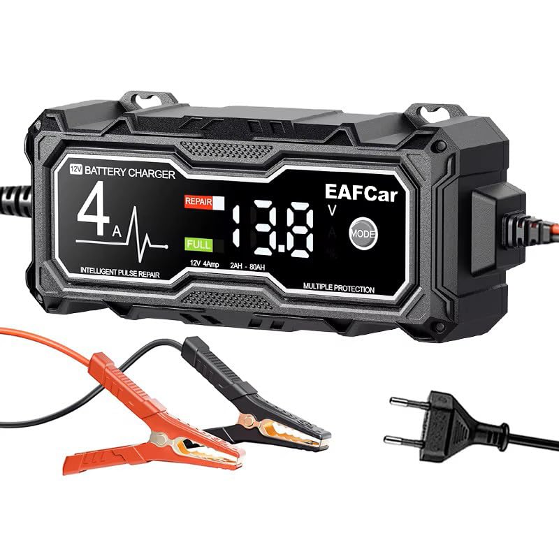 EAFCar Autobatterie Ladegerät, 4A 12V Smart vollautomatische KFZ Batterieladegerät mit LCD-Bildschirm, geeignet für Auto LKW Motorrad Rasenmäher Boot Marine Batterien