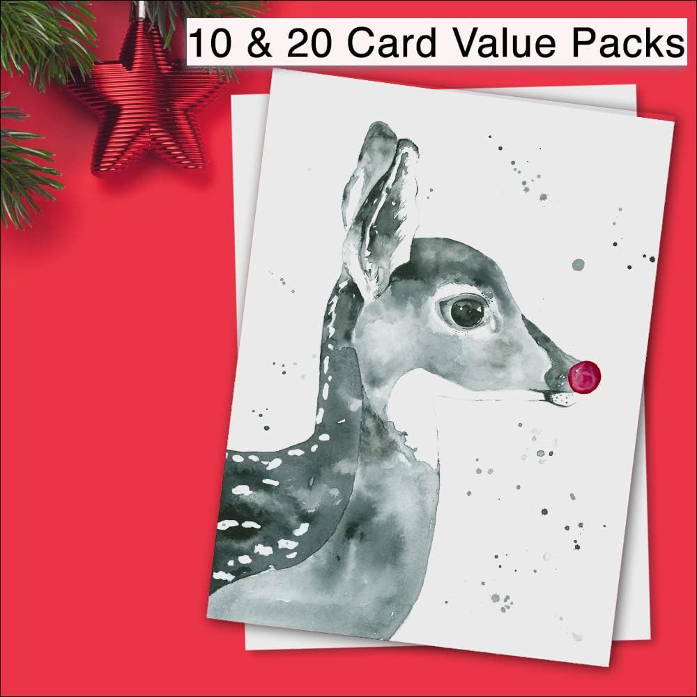 Wright Home & Gift Monochromatic Watercolor Rudolph Traditional Holiday Greeting Cards | 36 Pack Bulk Set + 36 Envelopes (4x6)