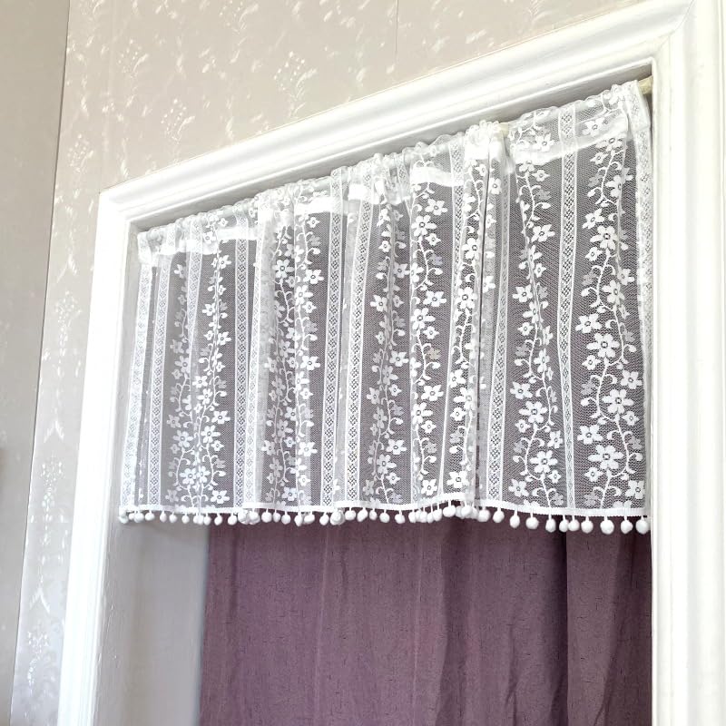 Visillo floral con pompones y tejido rústico transparente de 45x150 cm 2