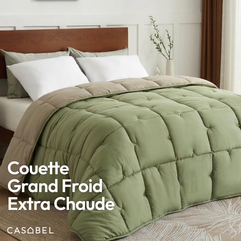 CASABEL Couette Très Chaude 2 Personnes, 220x240cm, Vert Sauge et Kaki