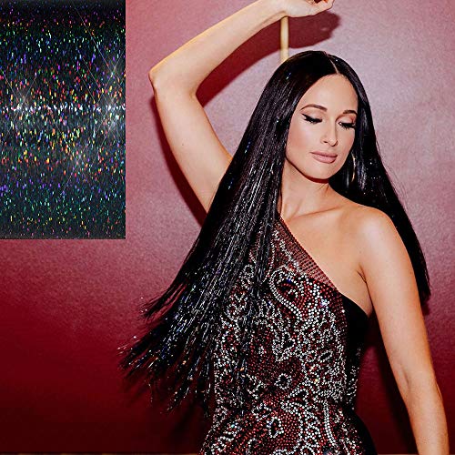 47" Holographic Hair Tinsel Shining Black Professional Sparkle Heat-Resistant Silk Extensions, Easy to Apply, Hair Accessories for Girls, Party Hair, Gifts for Girls (400 Strands, Shining Black)