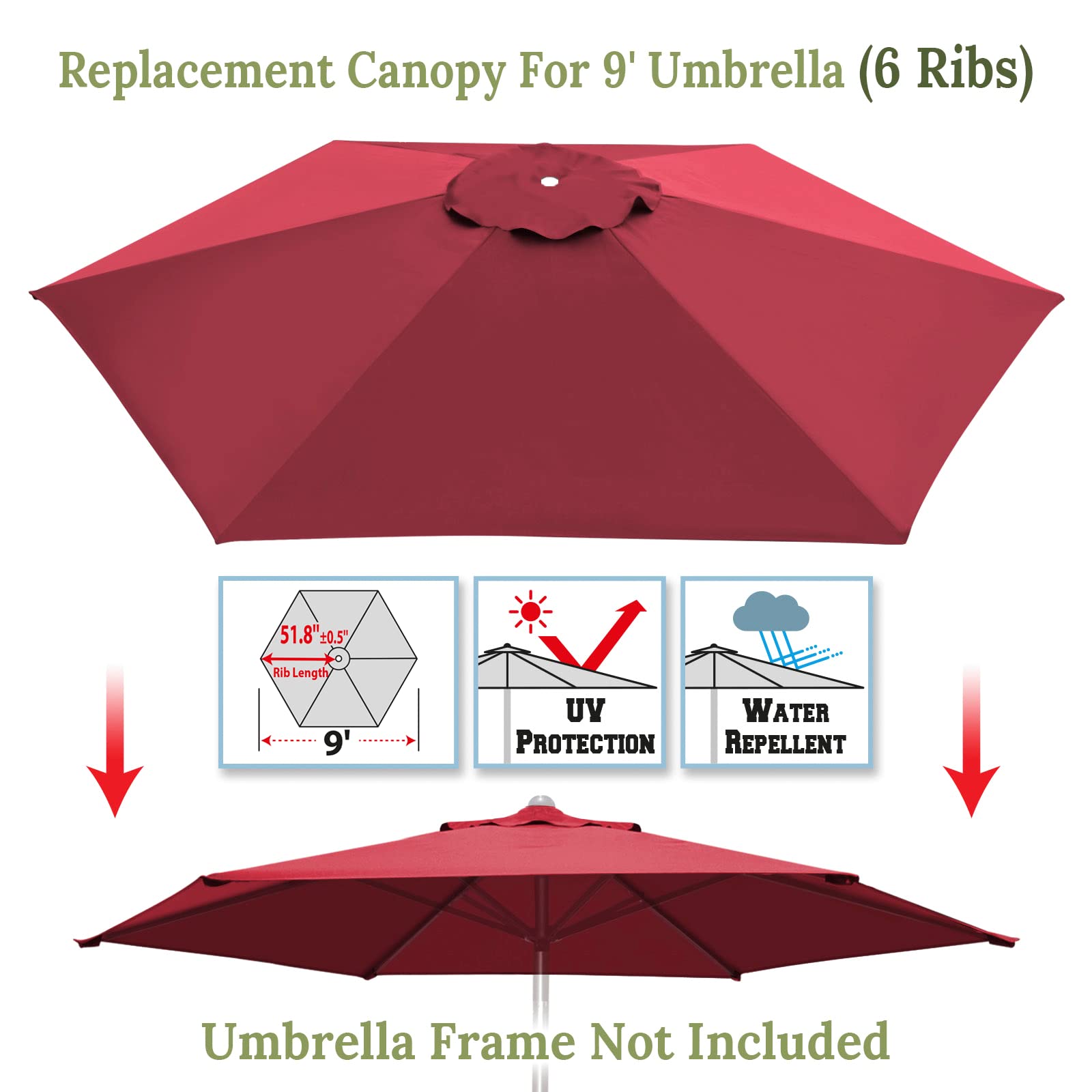 BenefitUSA Umbrella Canopy Cover Replacement Top Canopy for 9ft 6ribs Patio Umbrella (Burgundy)