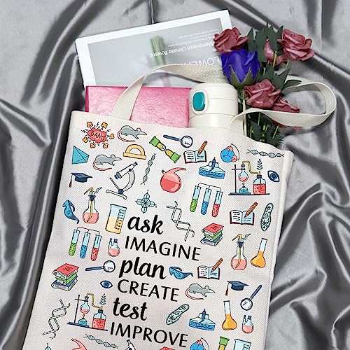 Image of GJTIM Science Teacher Gift Chemist Laboratory Science Chemistry Gift Ask Imagine Plan Create Test Improve Scientist Tote Bag